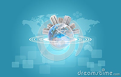 Earth with buildings and airplane. World map as Stock Photo