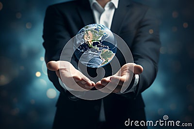earth in businessman's hands. green planet on hand. save of earth. environment concept for background web or world guardian Stock Photo
