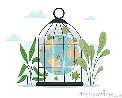 Earth in cage. Coronavirus quarantine. World isolation. Pandemic lockdown. Planet close in birdcage with virus. Fight Vector Illustration