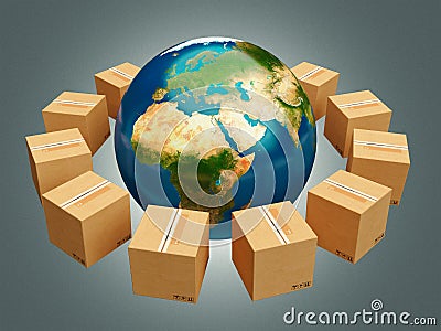 Earth and cardboard boxes, 3d rendering Stock Photo