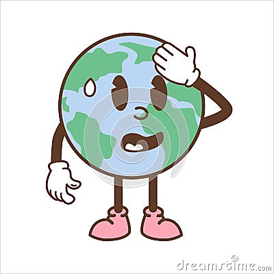 Earth character in trendy retro cartoon style. Unhappy globe icon feeling hot. Vintage planet mascot trendy sticker Vector Illustration