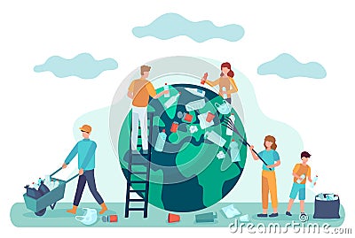 Earth cleaning. People clean world from garbage. Save planet ecology concept. Environmental protection from pollution Vector Illustration