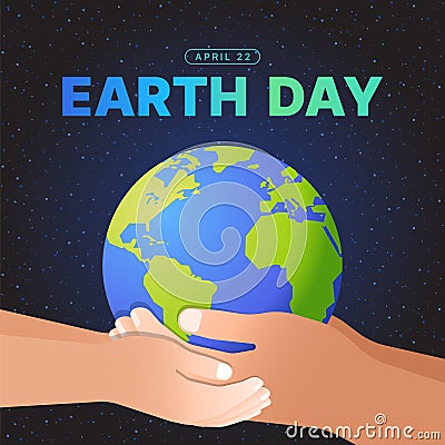 Earth day, april 22 text - Ault hands and child hands hold earth world on sapce star texture background vector design Vector Illustration