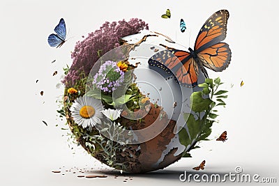 Earth day background with flowers and butterfly, World environment day concept. Generative Ai Stock Photo