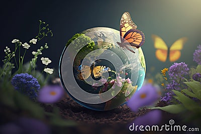 Earth day background with flowers and butterfly, World environment day concept. Generative Ai Stock Photo