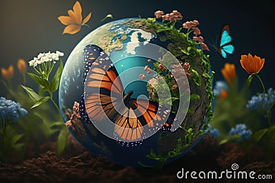 Earth day background with flowers and butterfly, World environment day concept. Generative Ai Stock Photo