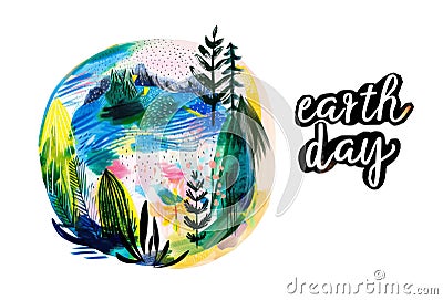 Earth day banner. Artistic painted nature landscape, globe shape, trees and water. Ecology concept illustration. Cartoon Illustration