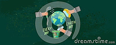 Earth Day banner. Earth Day, 22 April. Cleaning garbage and dirt from the planet earth. Dark green grunge texture Stock Photo