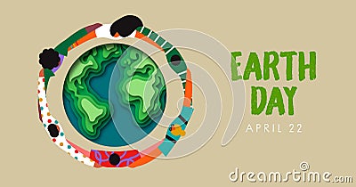 Earth Day people friend hug paper cut banner Vector Illustration