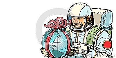 Earth day concept. Astronaut with a gift. Isolate on white background Vector Illustration