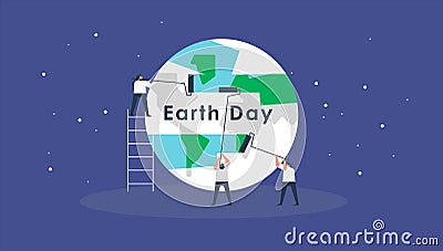 Earth day concept card people team cleaning planet Vector Illustration