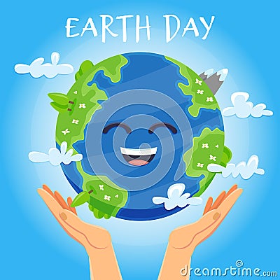 Earth day concept. Human hands holding floating globe in space. Save our planet. Vector Illustration