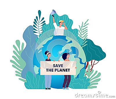 Earth day concept. Save planet, group with posters. Nature, international eco volunteering. Environment protection Vector Illustration