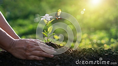 Earth Day and Environment, Hands of farmer growing nurturing tree of flower growing on soil and and butterfly in morning. Ecology Stock Photo