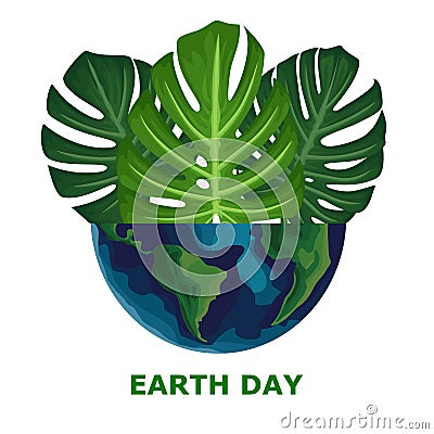 Earth day. Go green environmental design. Globe with green leavesvector illustration. Caring for nature. Monstera leaf Vector Illustration