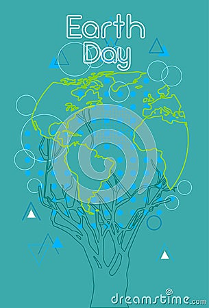Earth Day Green Tree With Globe World Sketch Vector Illustration