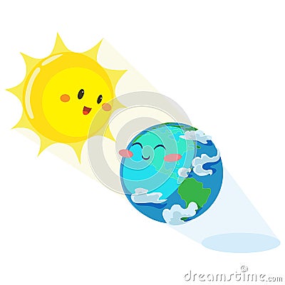 Earth day, happy sun heats earth with its yellow warm rays, ecology concept of love the world, green and blue globe Vector Illustration