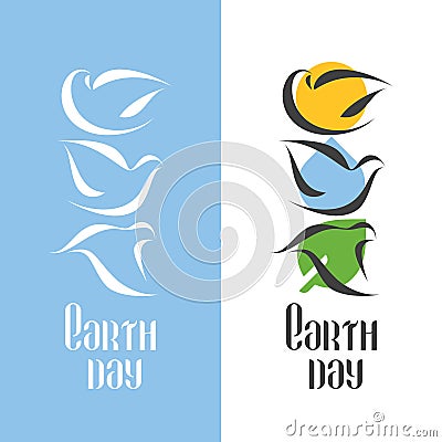 Earth day holiday illustration with three doves Vector Illustration