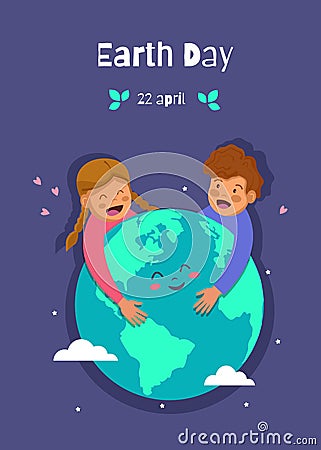Earth Day holiday. Nature and ecology background. girl and boy hugging earth planet between hearts, stars. vector Earth Day Cartoon Illustration