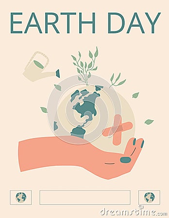 Earth Day. Hurt globe in human hand. Sick planet protect. Climate change and ecological problems. Vector illustration Vector Illustration