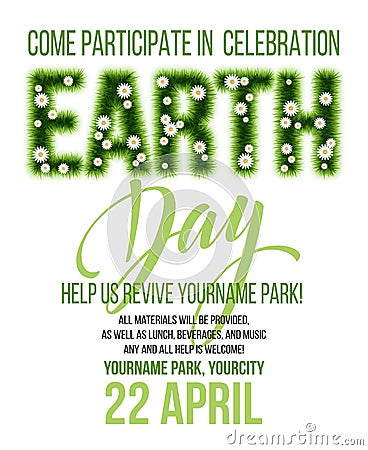 Earth Day poster. Vector illustration with the Earth day grass lettering Vector Illustration