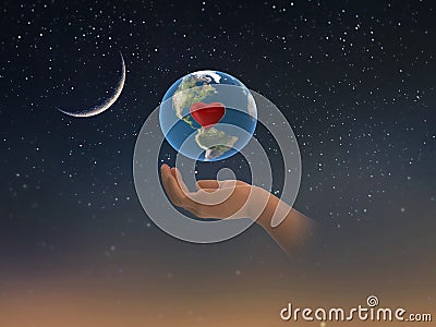 Earth day with red heart sumbol in hands on front blue starry sky nebula hold world peace globe concept nature background Stock Photo