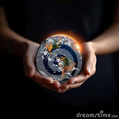 Earth day reflection Hands present globe, symbolizing energy consumption awareness at night Stock Photo