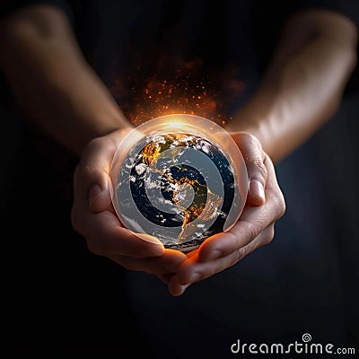 Earth day reflection Hands present globe, symbolizing energy consumption awareness at night Stock Photo