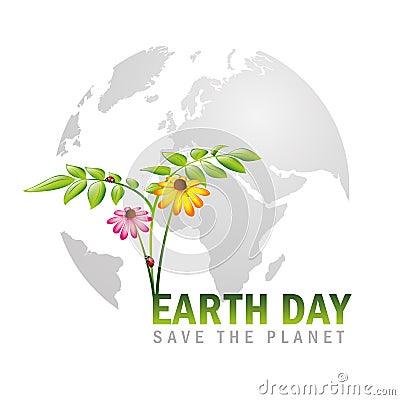 Earth day save the planet globe with plants and flowers Vector Illustration