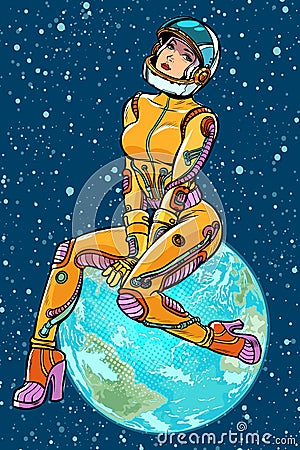 Earth day. sexy beautiful woman astronaut Vector Illustration