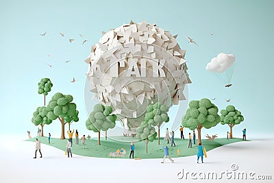 Earth Day 2021 Earth shape with family having fun time, people, pets, birds, clouds, sun. Generative AI Stock Photo