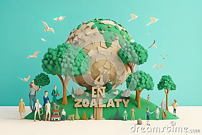 Earth Day 2021 Earth shape with family having fun time, people, pets, birds, clouds, sun. Generative AI Stock Photo