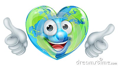 Earth Day Thumbs Up Heart Mascot Cartoon Character Vector Illustration