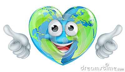 Earth Day Thumbs Up Mascot Heart Globe Cartoon Character Vector Illustration