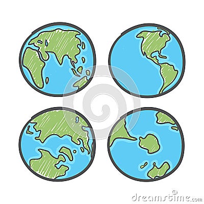 Earth drawing on white background. World map or globe in doodles style. Global drawing Earth day. Vector Illustration