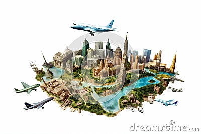 earth europa travel global illustration concept city map globe plane. Generative AI. Cartoon Illustration