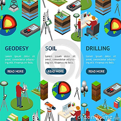 Earth Exploration Concept Banner Vecrtical Set 3d Isometric View. Vector Vector Illustration