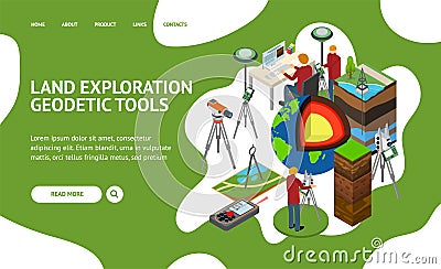 Earth Exploration Concept Landing Web Page 3d Isometric View. Vector Vector Illustration