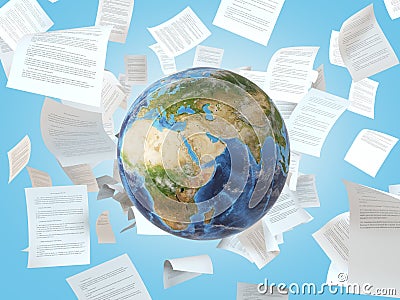 Earth and falling papers Stock Photo