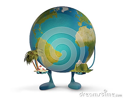 Earth figure mascot holding palm with beach chairs and mountain landscape 3d-illustration Cartoon Illustration