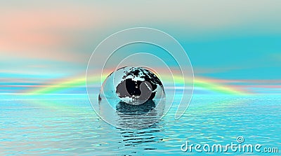 Earth floating in water with rainbow behind Stock Photo