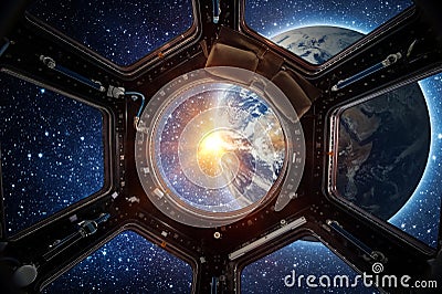 Earth and galaxy in spaceship international space station window Stock Photo