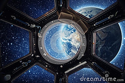 Earth and galaxy in spaceship international space station window Stock Photo