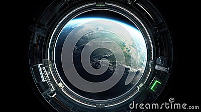 Earth and galaxy in spaceship international space station window porthole Stock Photo