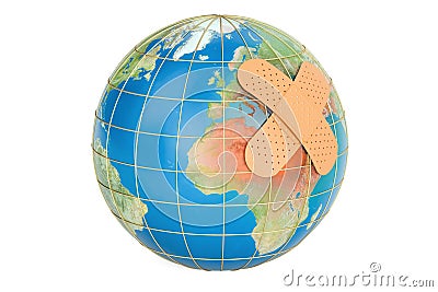 Earth globe with adhesive plaster, 3D Stock Photo