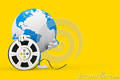 Earth Globe Character Mascot with Film Reel Cinema Tape. 3d Rendering Stock Photo
