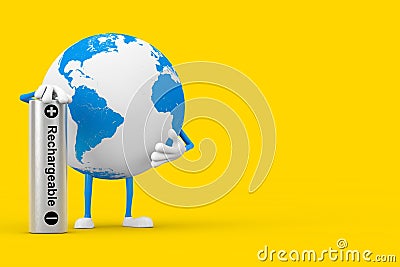 Earth Globe Character Mascot with Rechargeable Battery. 3d Rendering Stock Photo