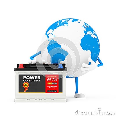 Earth Globe Character Mascot and Rechargeable Car Battery 12V Accumulator with Abstract Label. 3d Rendering Stock Photo