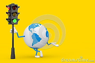 Earth Globe Character Mascot with Traffic Green Light. 3d Rendering Stock Photo