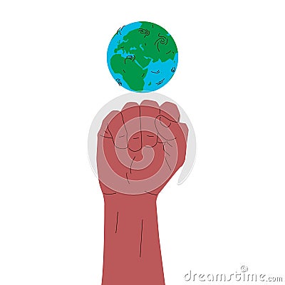 Earth globe and clenched fist. Vector conceptual illustration of earth planet globe with humans hand clenched fist down under. Vector Illustration